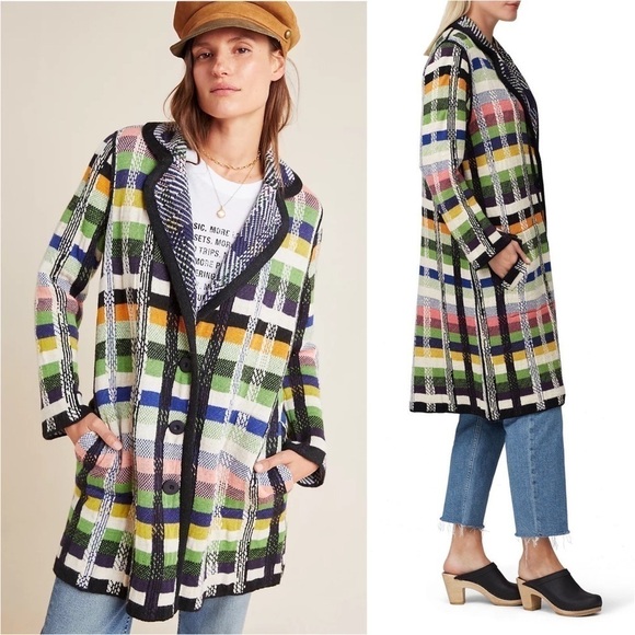 ALDOMARTINS Wool Alpaca Colorblock Plaid Long Maximalist Sweater Blanket Coat S - Picture 2 of 16